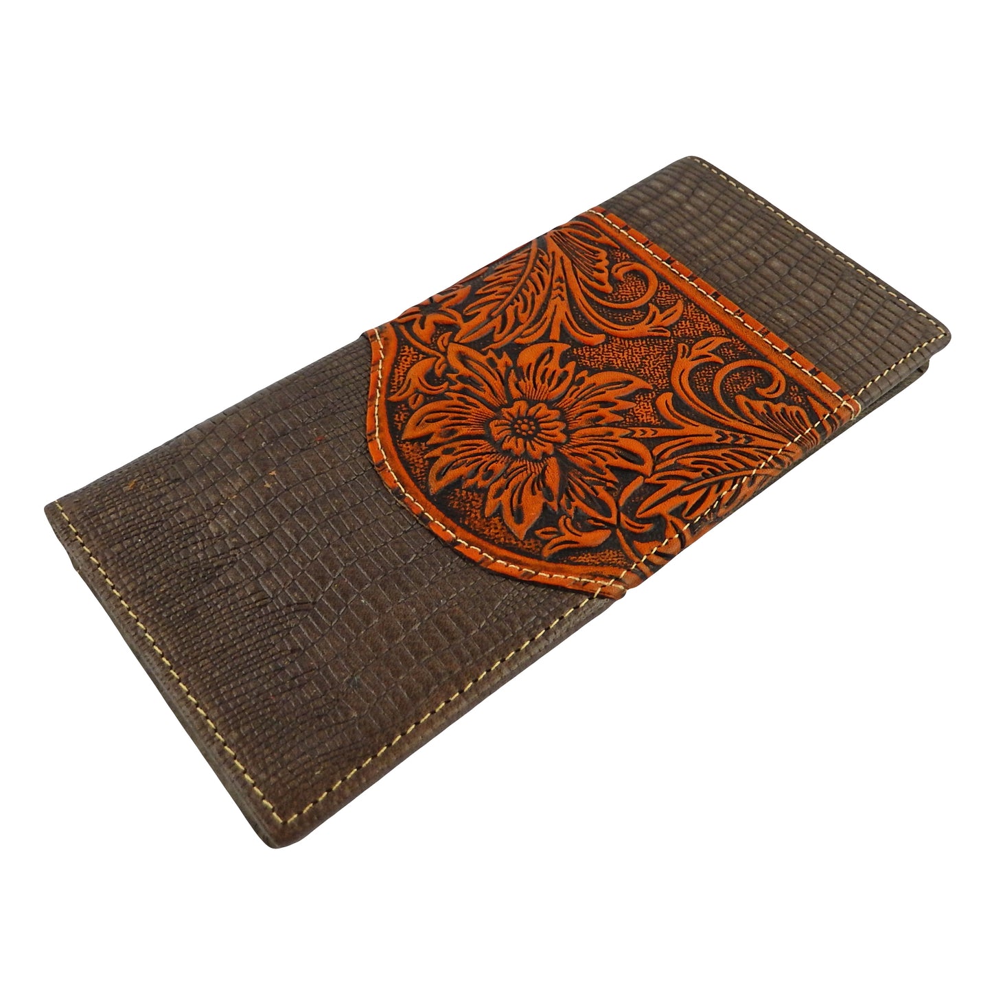 Western Bi-Fold Men's Rodeo Wallet Tooled Leather Floral Croc Texture Brown Gray