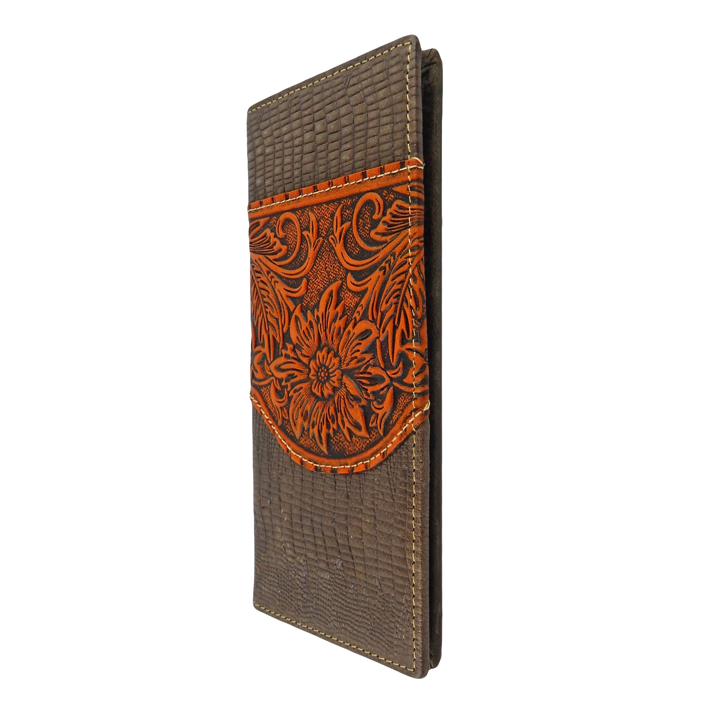 Western Bi-Fold Men's Rodeo Wallet Tooled Leather Floral Croc Texture Brown Gray