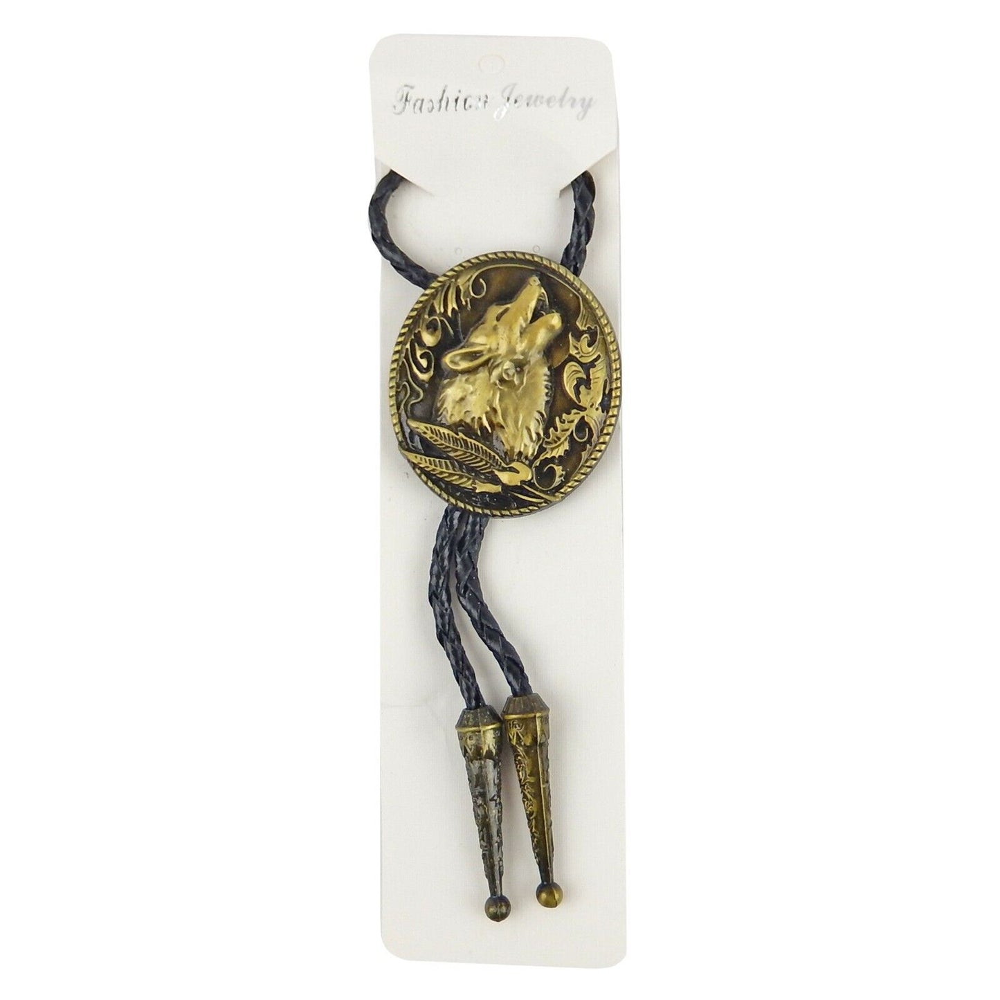 Howling Wolf Bolo Tie 40" Genuine Leather Cord Antique Bronze Detailed Tips