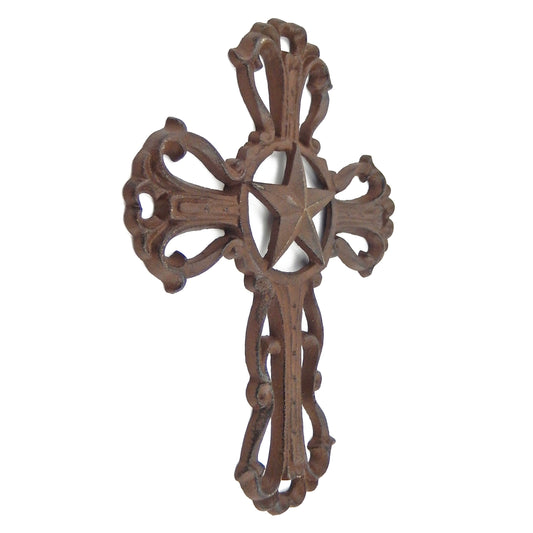 Texas Star Cast Iron Wall Cross Wall Mounted Fleur De Lis Accents Western 9.5 in