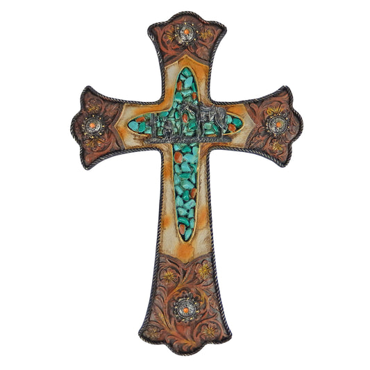 Turquoise Western Decorative Wall Cross Cowboy Kneeling Rustic Floral Concho