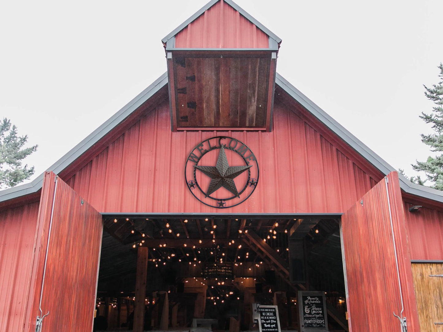 Metal Welcome Barn Star Wall Decor Sign Rope Ring Brown Rustic Western 24 inch