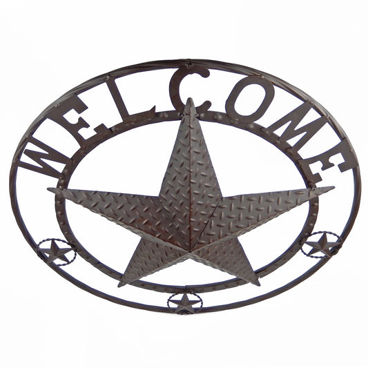 Metal Welcome Barn Star Wall Decor Sign Rope Ring Brown Rustic Western 24 inch