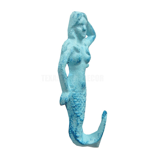 Mermaid Wall Hook Towel Coat Hanger Cast Iron Antique Style Blue Nautical Decor