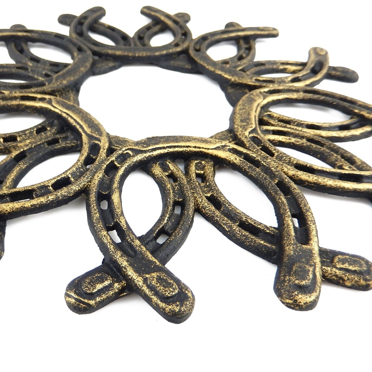 Cast Iron Western Horseshoe Wreath Wall Decor Rustic Antique Gold 13 inch