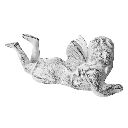 Playful Cast Iron Angel Fairy Pixie Figurine Statue Distressed White Finish