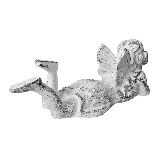 Playful Cast Iron Angel Fairy Pixie Figurine Statue Distressed White Finish
