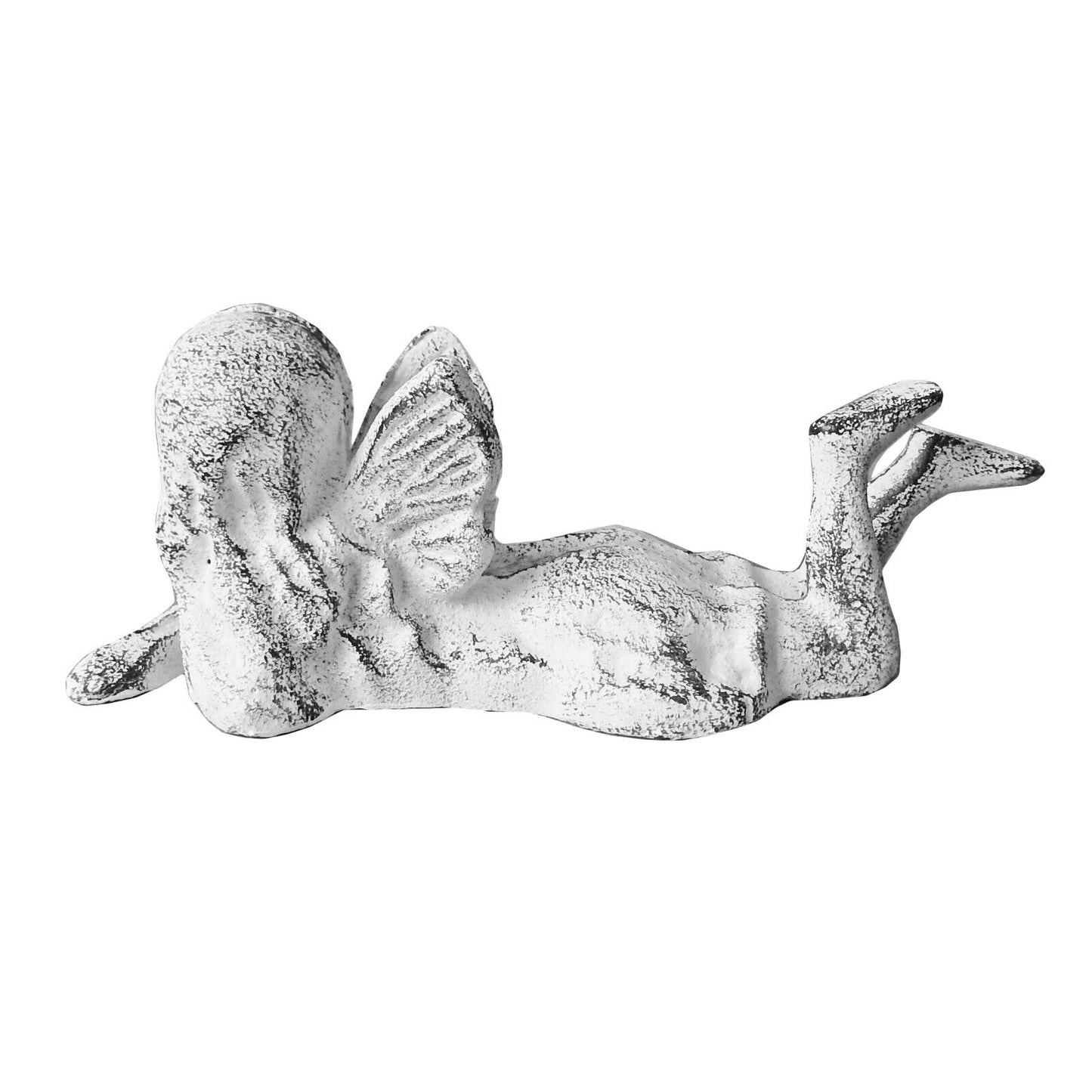 Playful Cast Iron Angel Fairy Pixie Figurine Statue Distressed White Finish