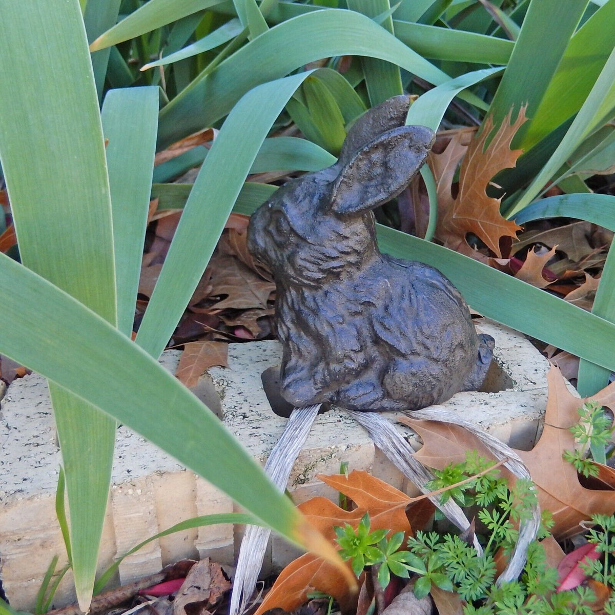 Small Cast Iron Bunny Rabbit Garden Figurine Statue Rustic Brown Antique Style