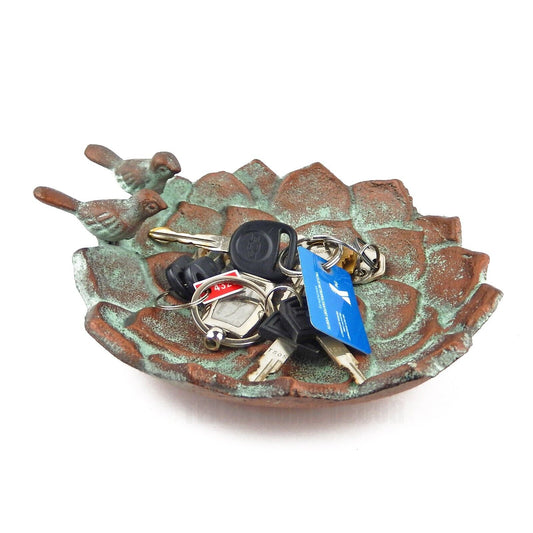 Birds on Flower Key Dish Bowl Jewelry Trinket Tray Cast Iron Patina Finish 8"