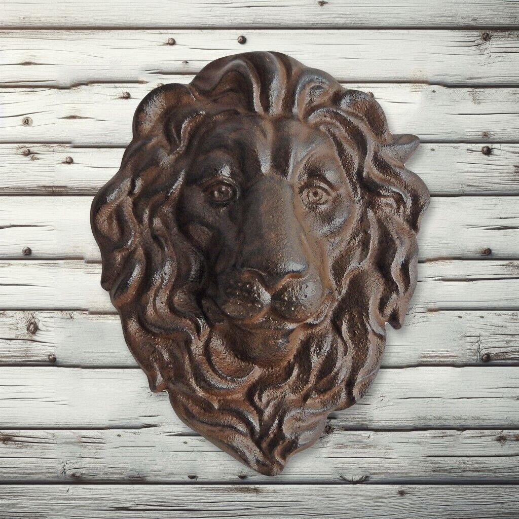 Lion Head Wall Decor Cast Iron Heavy Duty Sculpture Antique Brown 10 x 8 inch