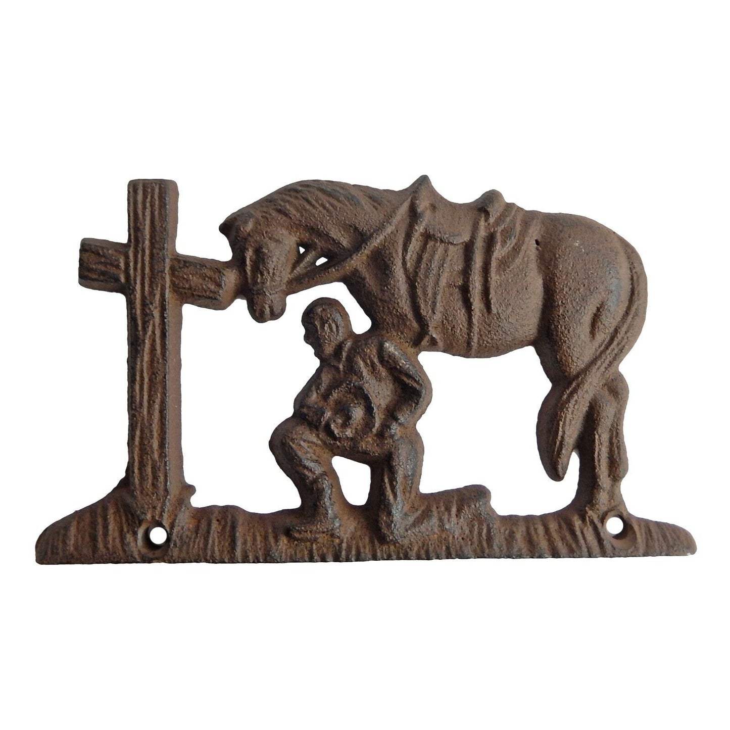 Small Rustic Cast Iron Cowboy Kneeling At Cross With Horse Wall Decor 5 3/4 in