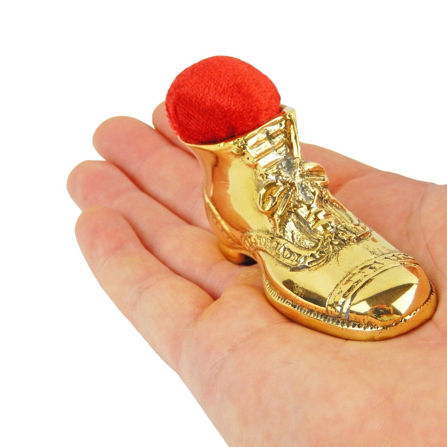 Old Dress Shoe Victorian Red Velvet Pin Cushion Solid Brass Antique Style