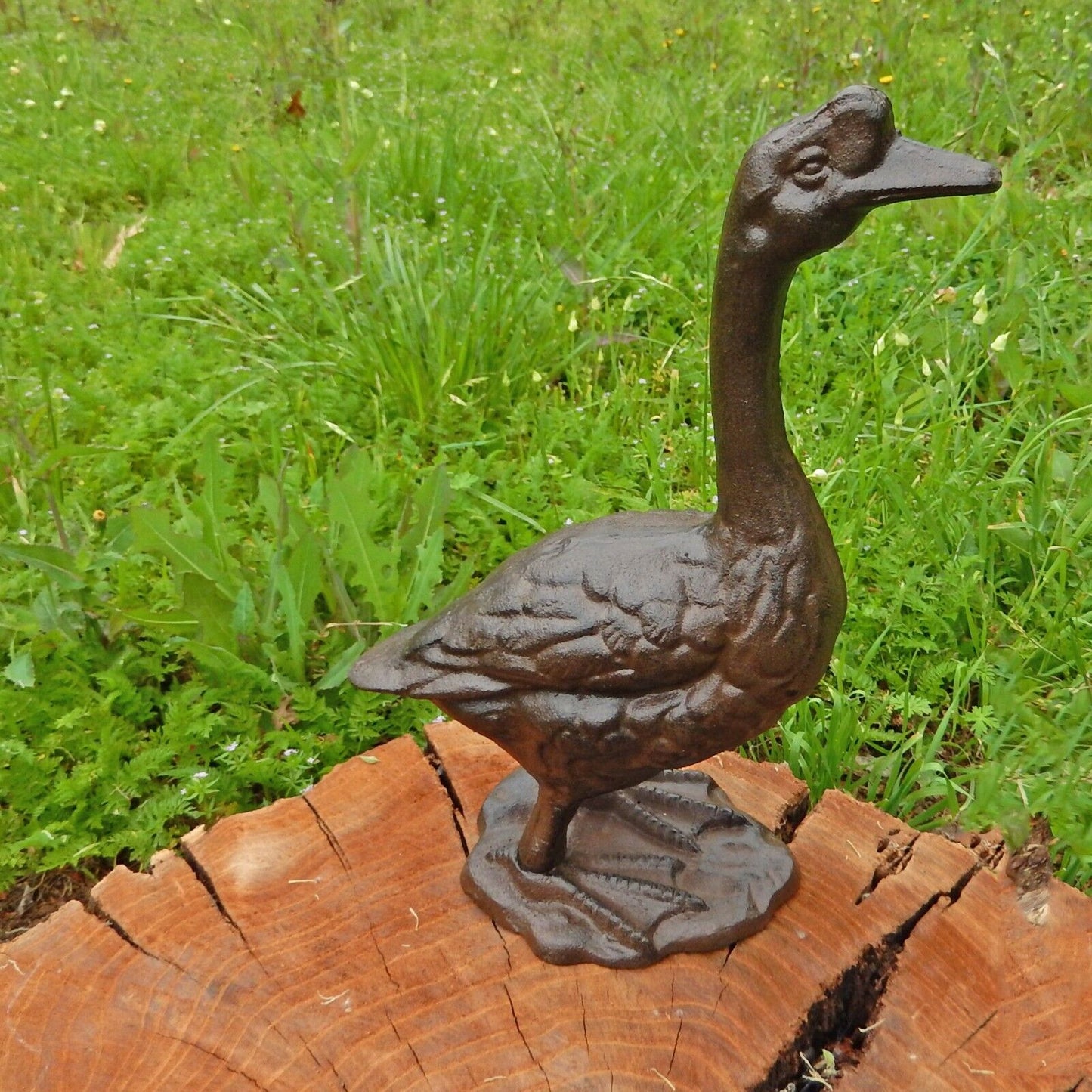 Large Cast Iron Goose Figurine Statue Home Garden Pond Decor Rustic Brown 13 in