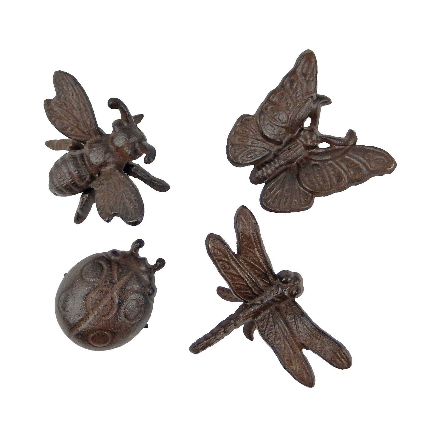 Set of 4 Bugs Cast Iron Figurines Garden Insects Ladybug Bee Butterfly Dragonfly