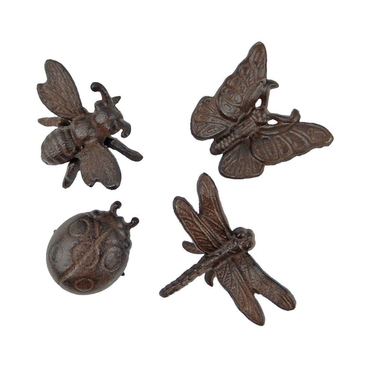 Set of 4 Bugs Cast Iron Figurines Garden Insects Ladybug Bee Butterfly Dragonfly