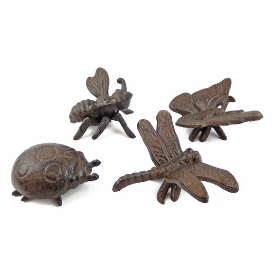 Set of 4 Bugs Cast Iron Figurines Garden Insects Ladybug Bee Butterfly Dragonfly