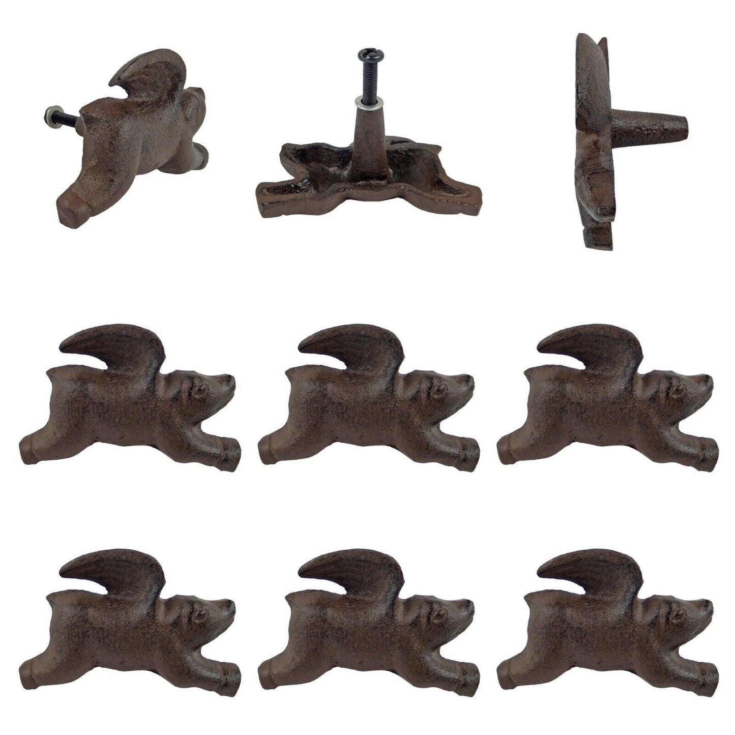 Cast Iron Flying Pig Cabinet Drawer Knob Door Pull With Screws Brown (Pack of 6)