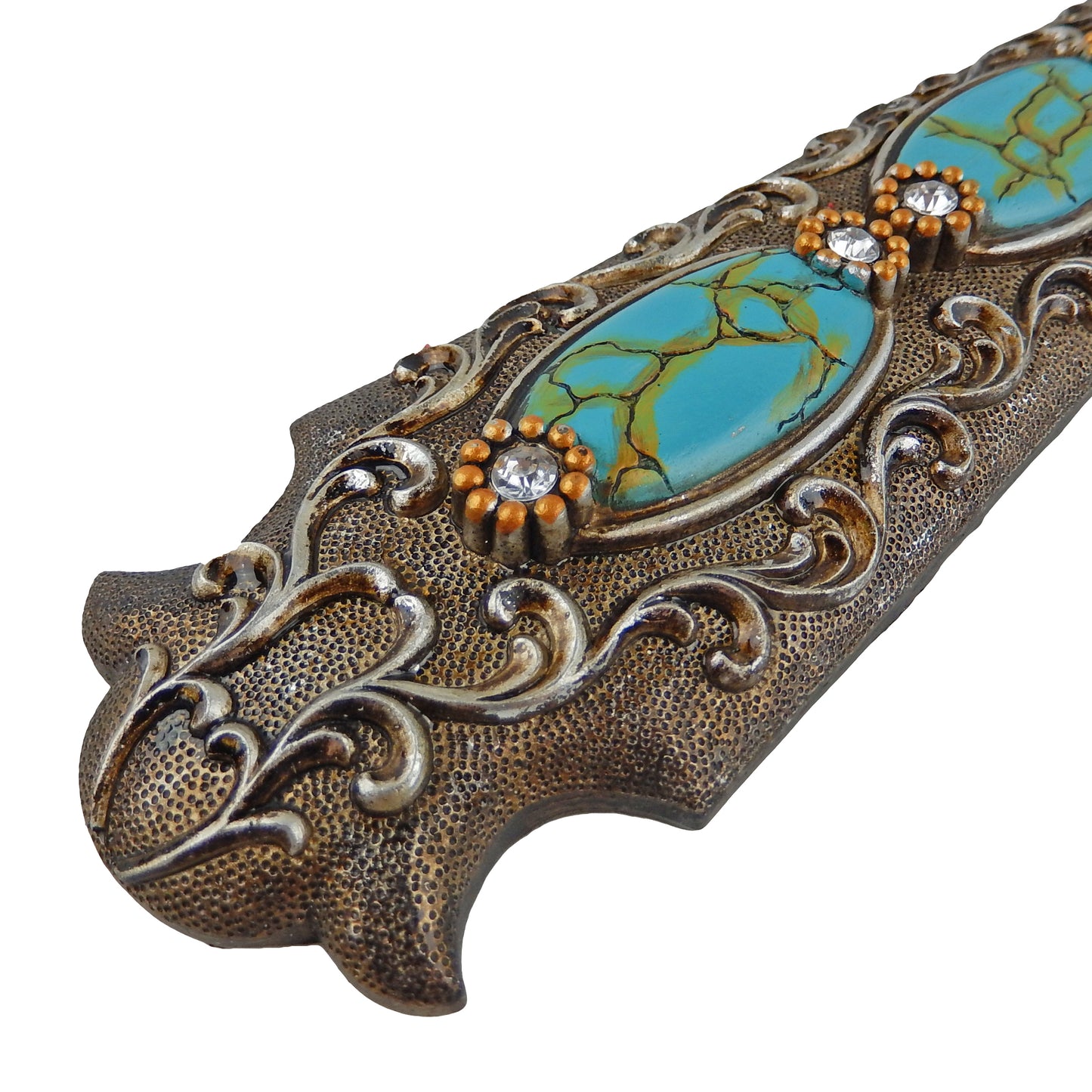 Turquoise & Druzy Wall Cross Rhinestones Antique Silver Tone Ornate Scrolls 18"