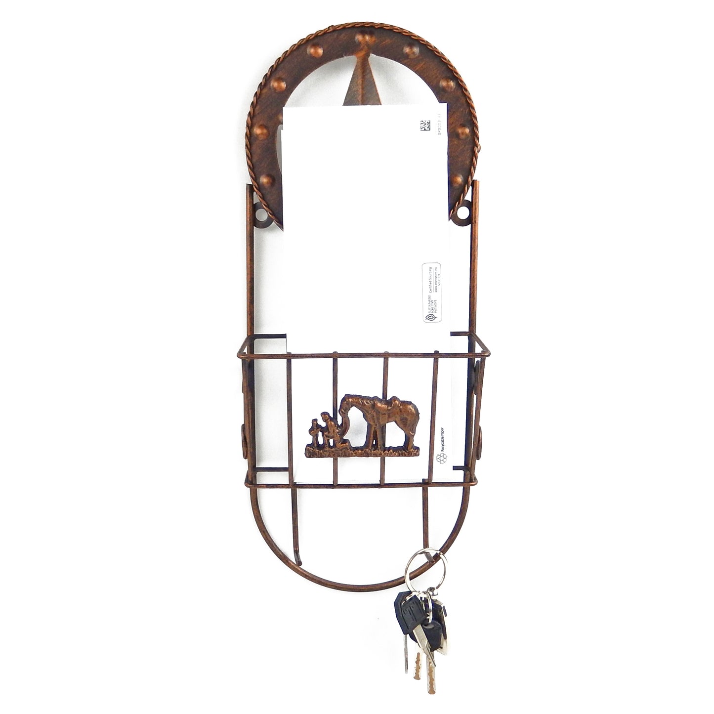 Western Metal Star Cowboy Kneeling With Horse Key & Letter Holder Brushed Copper