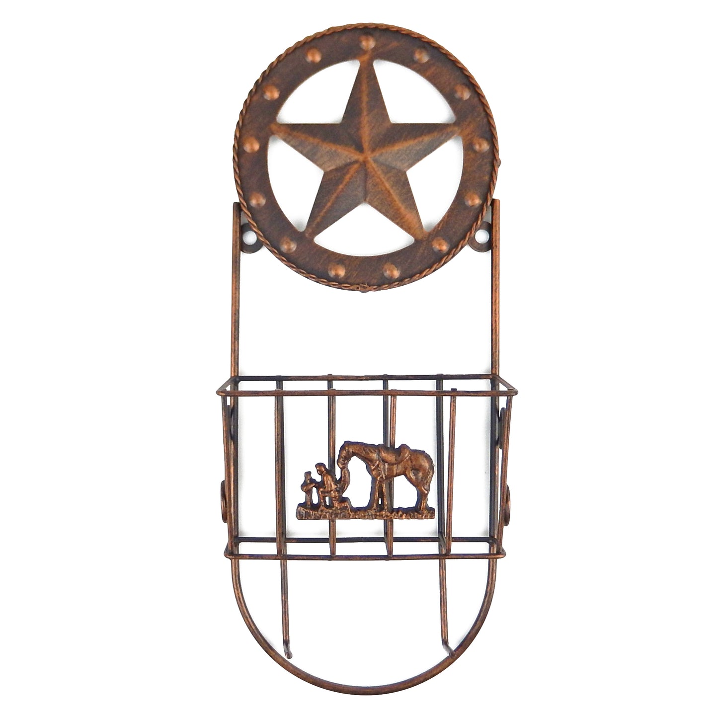 Western Metal Star Cowboy Kneeling With Horse Key & Letter Holder Brushed Copper