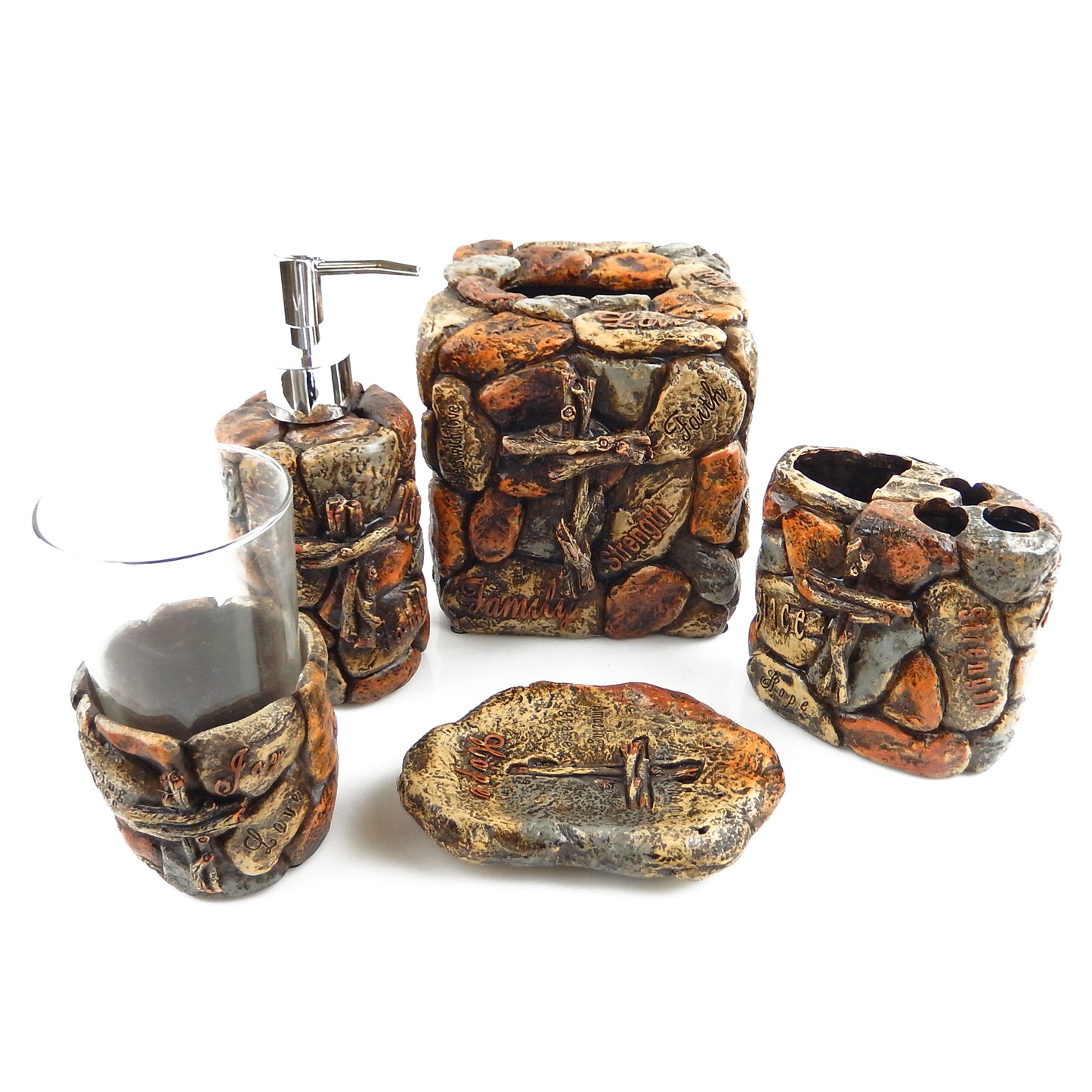 Inspirational Bathroom Accessory Set 5 Pieces Faux Engraved Stones Cross