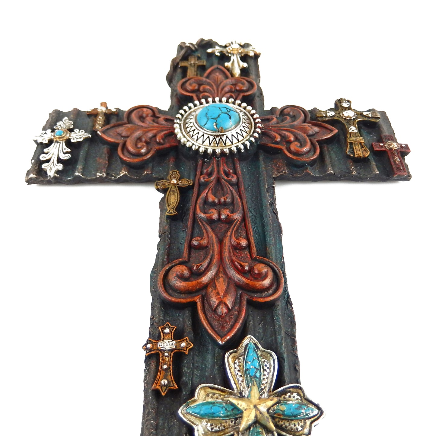 Fleur De Lis Cross Collage Wall Decor Layered Turquoise Scrolls Accents 16.5 in
