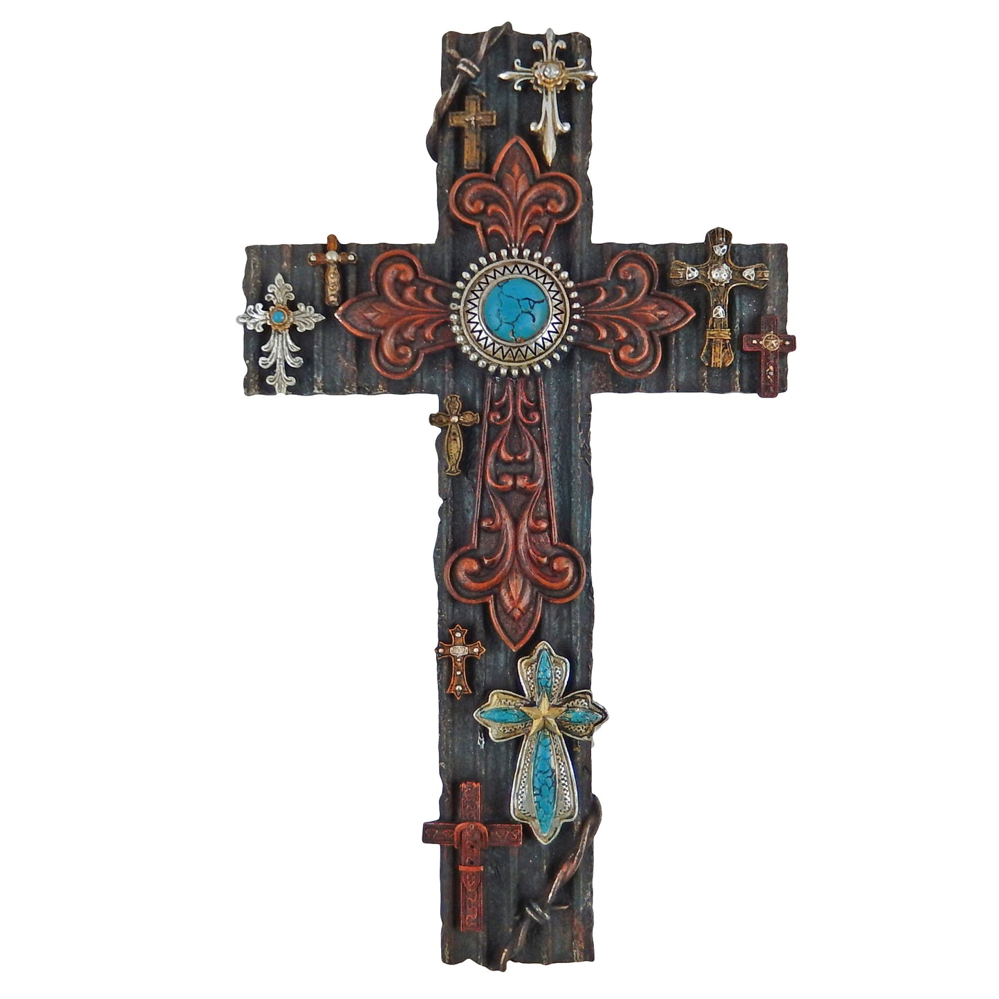 Fleur De Lis Cross Collage Wall Decor Layered Turquoise Scrolls Accents 16.5 in