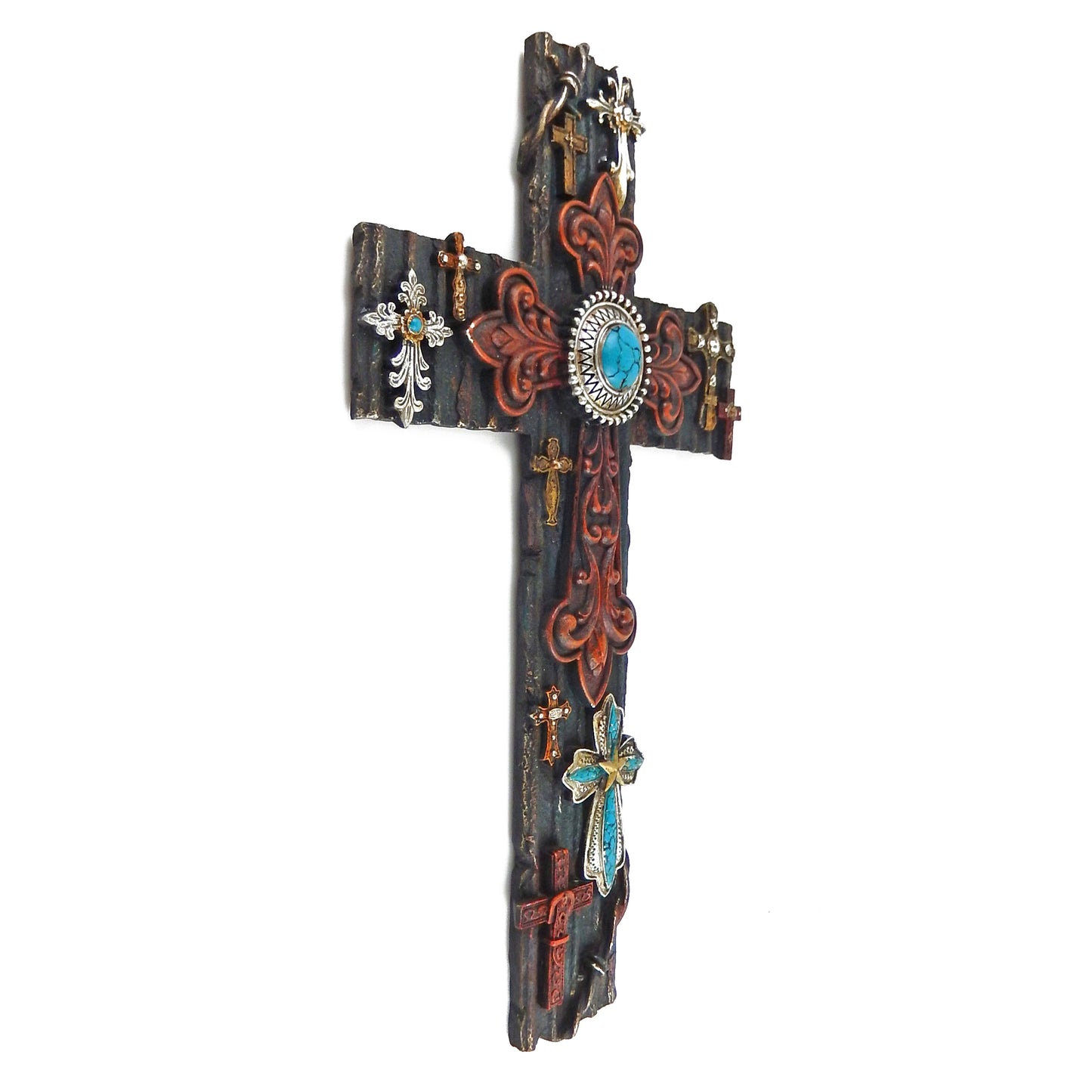 Fleur De Lis Cross Collage Wall Decor Layered Turquoise Scrolls Accents 16.5 in