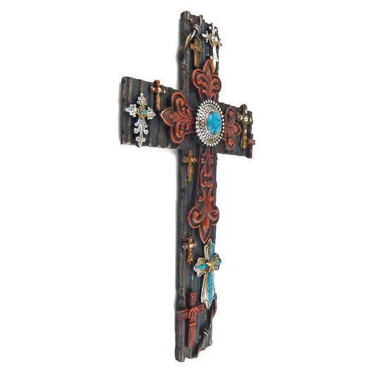 Fleur De Lis Cross Collage Wall Decor Layered Turquoise Scrolls Accents 16.5 in