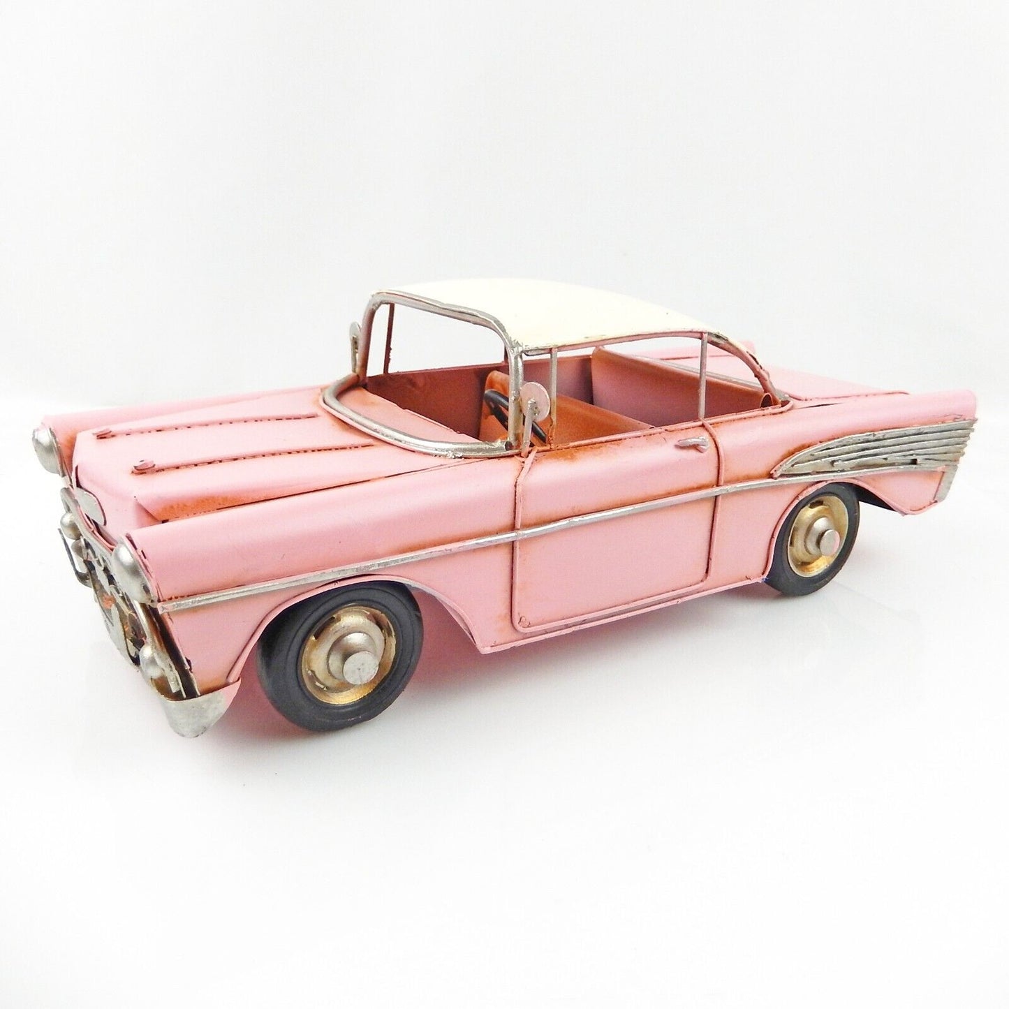 Tin Metal Pink Classic Car Figurine Garage Office Dealer Shelf Sitter 11 inch