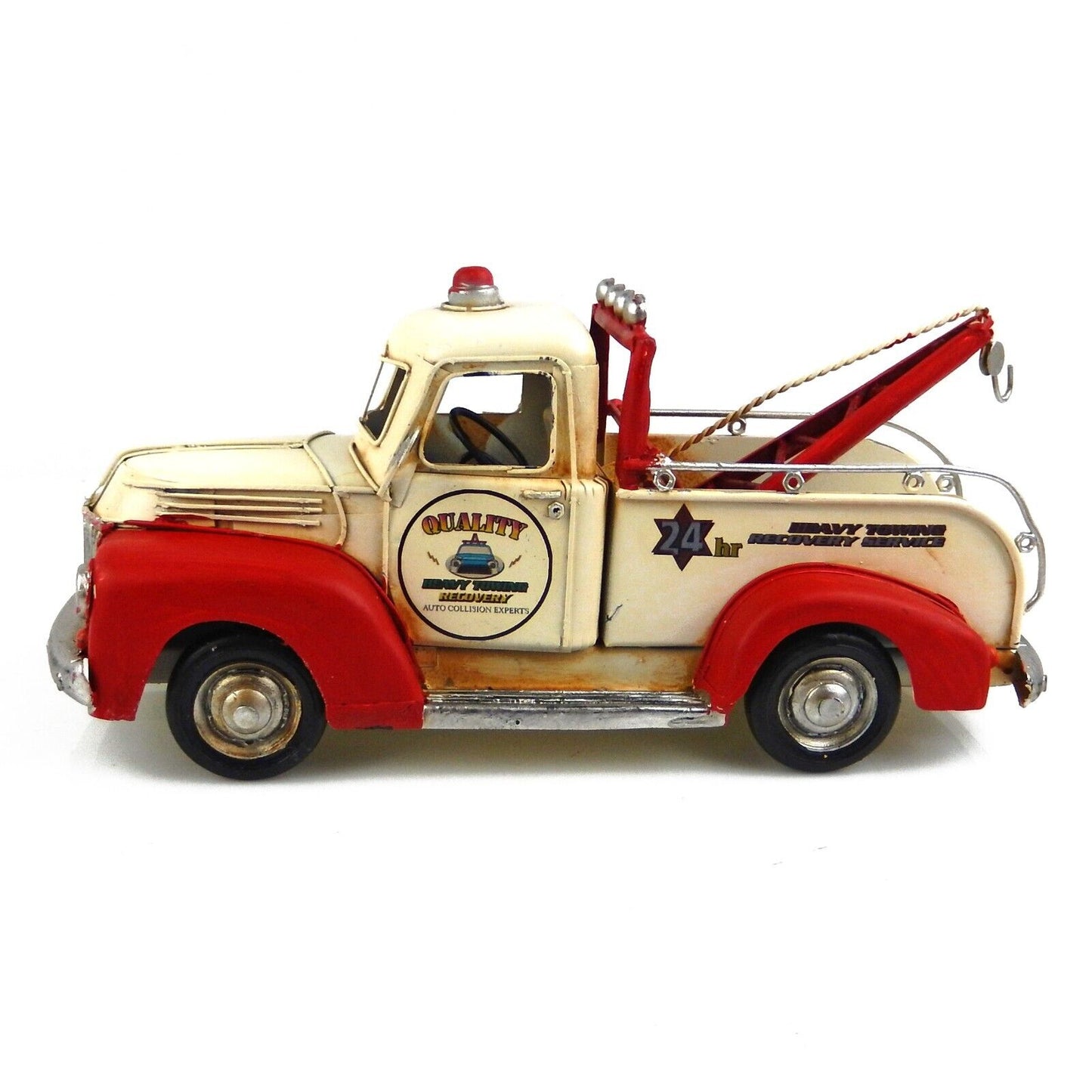 Tin Metal Classic Vintage Tow Truck Car Figurine Garage Office Shelf Decor 11 in