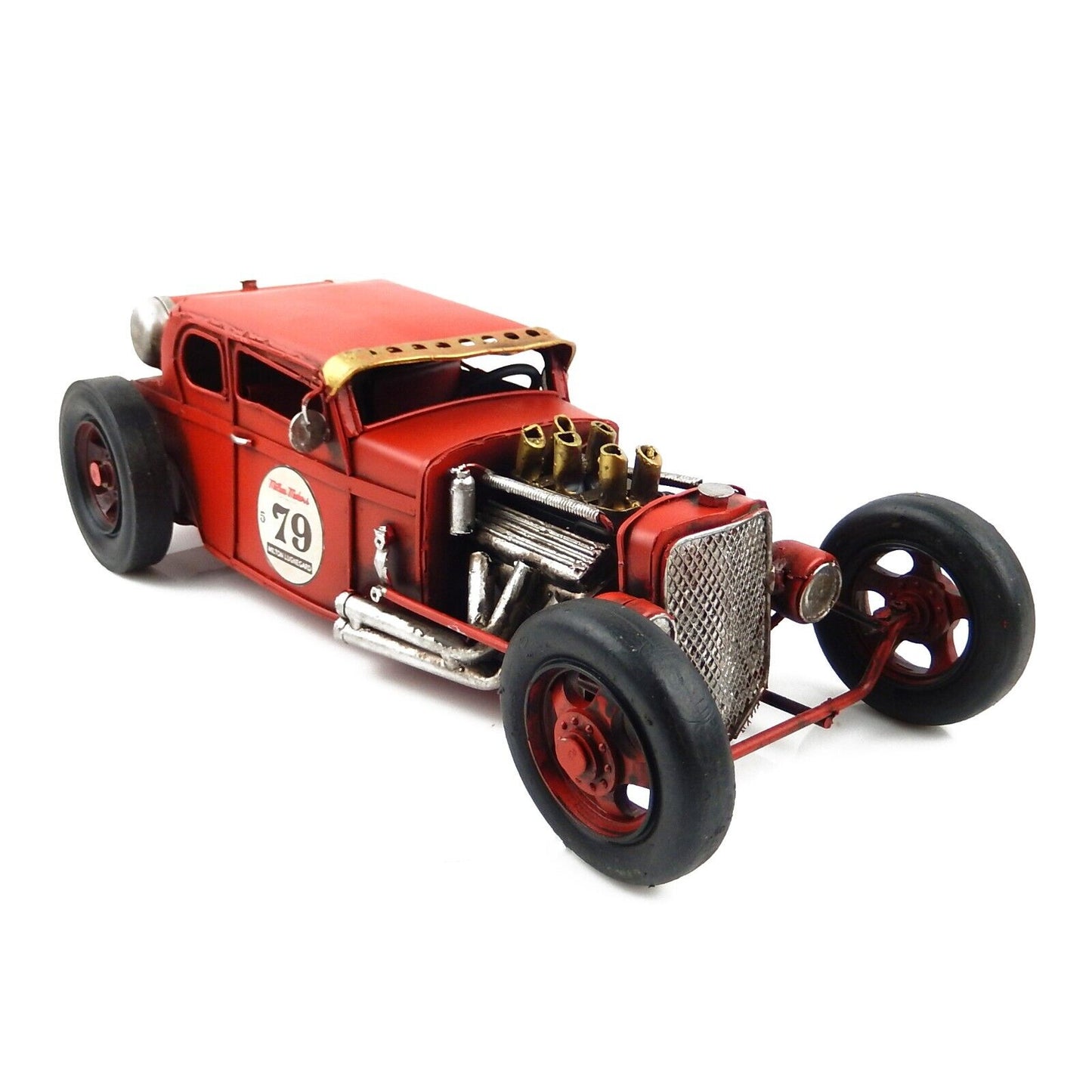 Tin Metal Red Hot Rod Racing Car Figurine Garage Office Shelf Sitter 12 1/2 inch