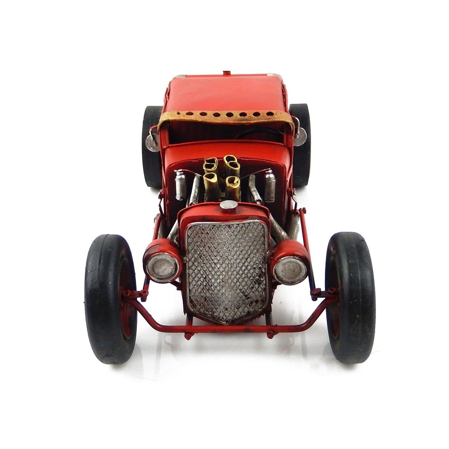 Tin Metal Red Hot Rod Racing Car Figurine Garage Office Shelf Sitter 12 1/2 inch