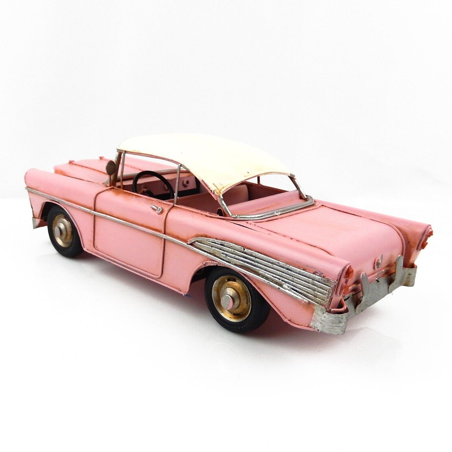 Tin Metal Pink Classic Car Figurine Garage Office Dealer Shelf Sitter 11 inch