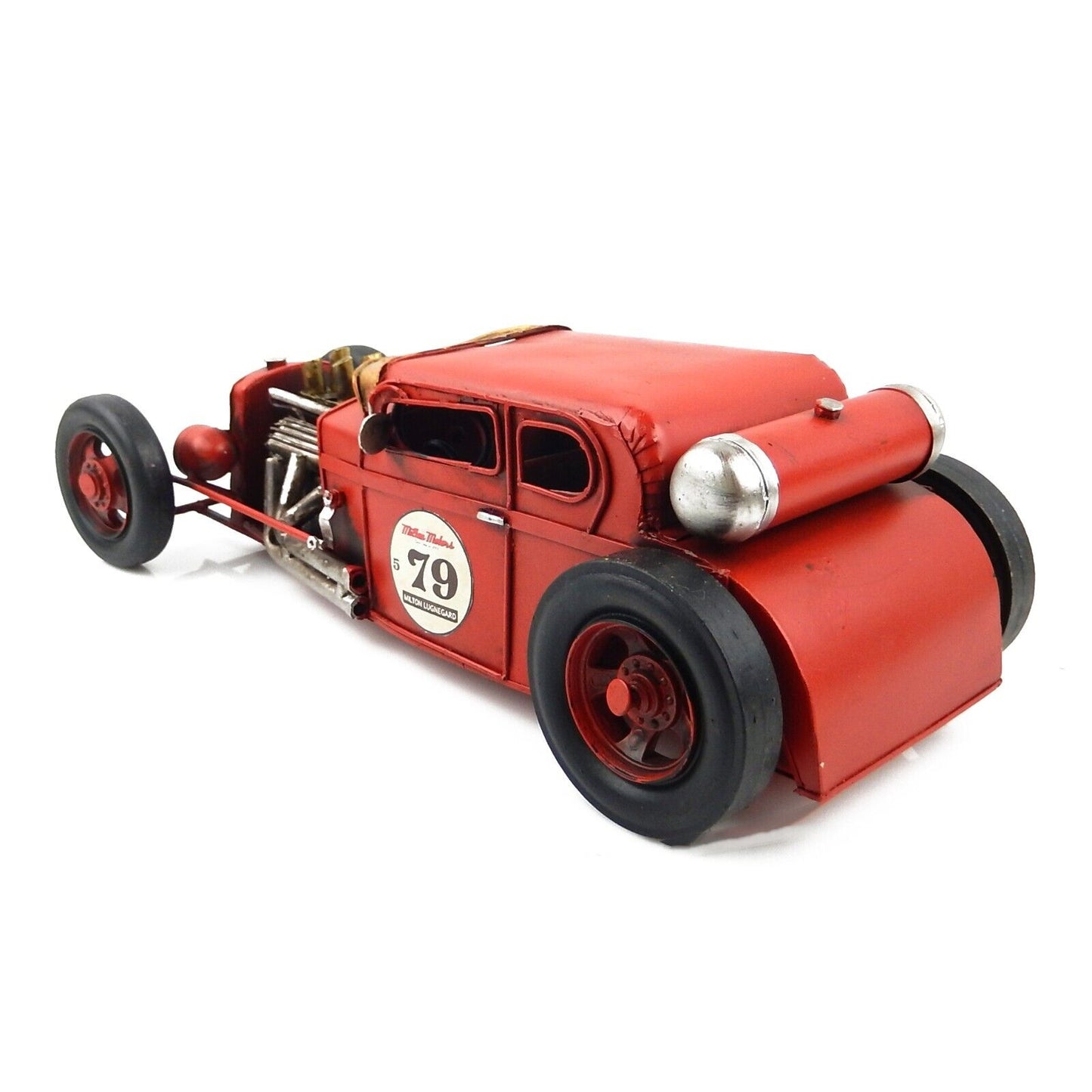 Tin Metal Red Hot Rod Racing Car Figurine Garage Office Shelf Sitter 12 1/2 inch