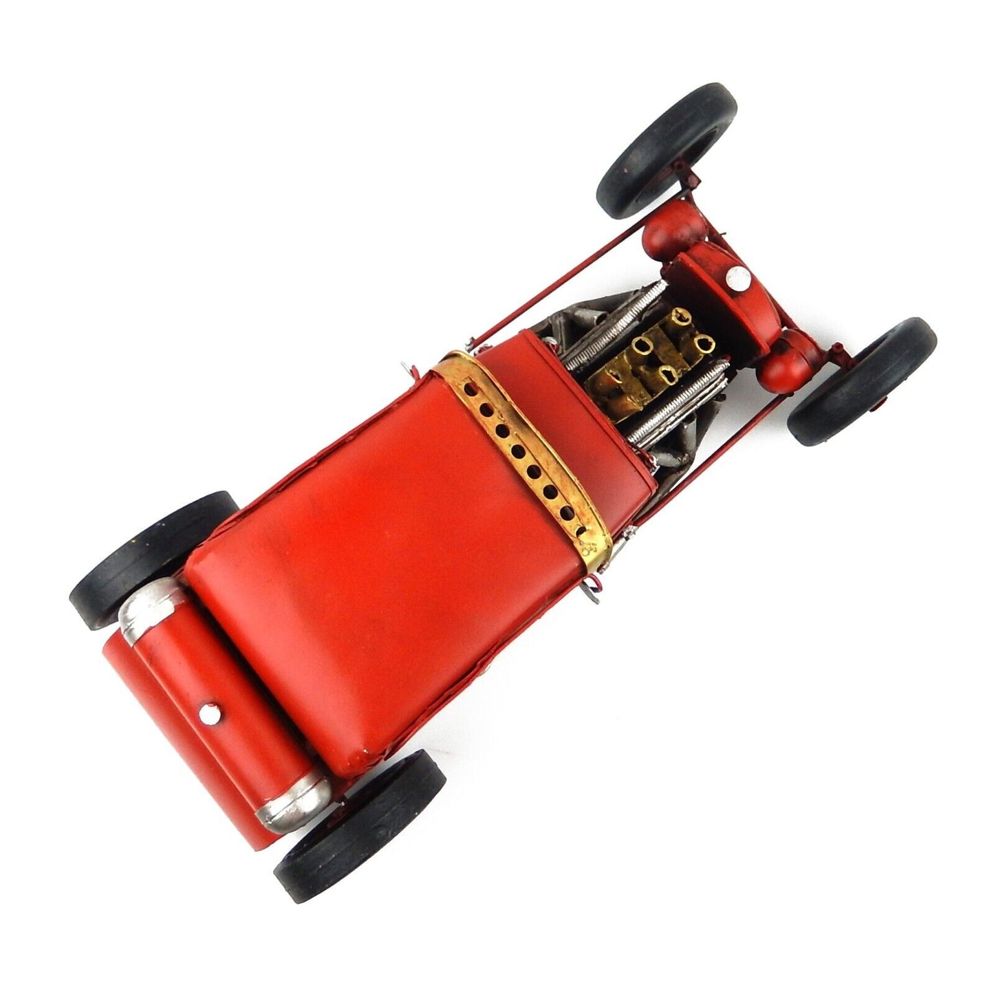 Tin Metal Red Hot Rod Racing Car Figurine Garage Office Shelf Sitter 12 1/2 inch