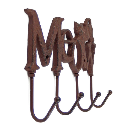 Cat Key Rack "MEOW" Kitty Hooks Coat Holder Cast Iron Pet Lover Gift Decor