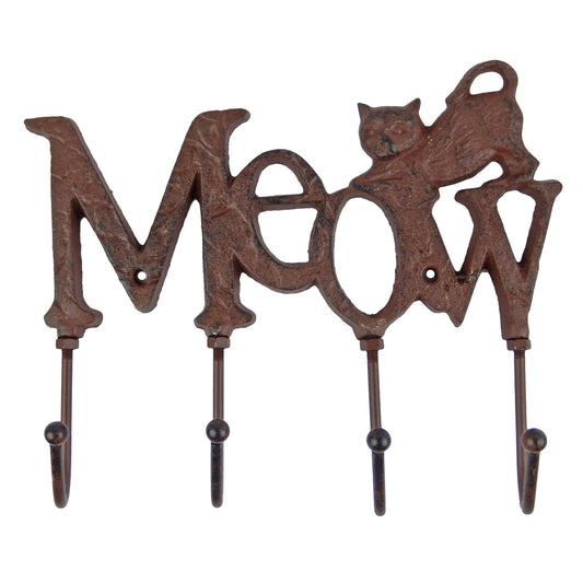 Cat Key Rack "MEOW" Kitty Hooks Coat Holder Cast Iron Pet Lover Gift Decor