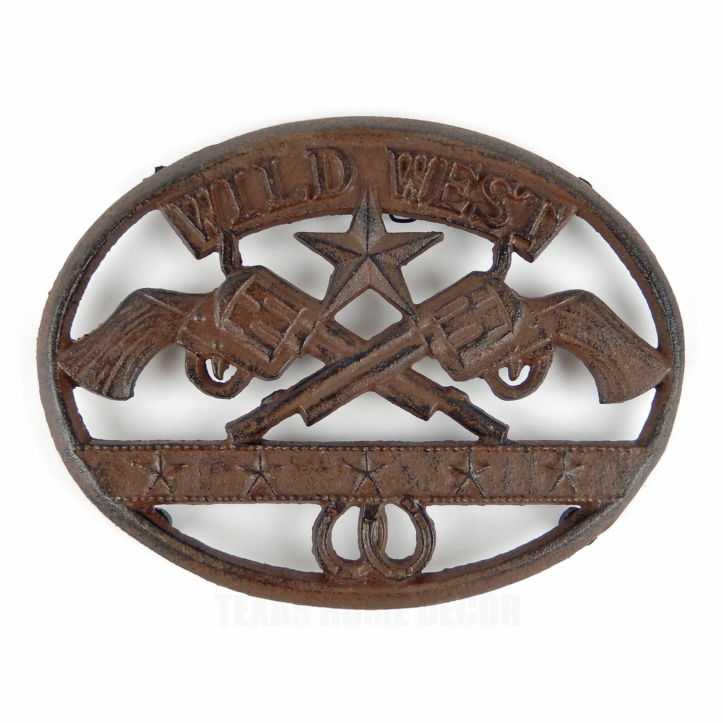Wild West Guns Trivet with Stars Horseshoes Hot Pot Rustic Cast Iron Western
