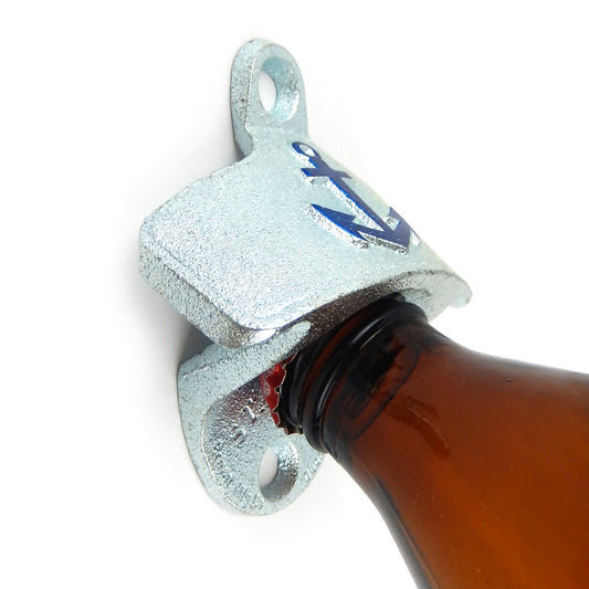 Starr Embossed Blue Anchor Iron Beer Bottle Opener With Plastic Cap Catcher Set