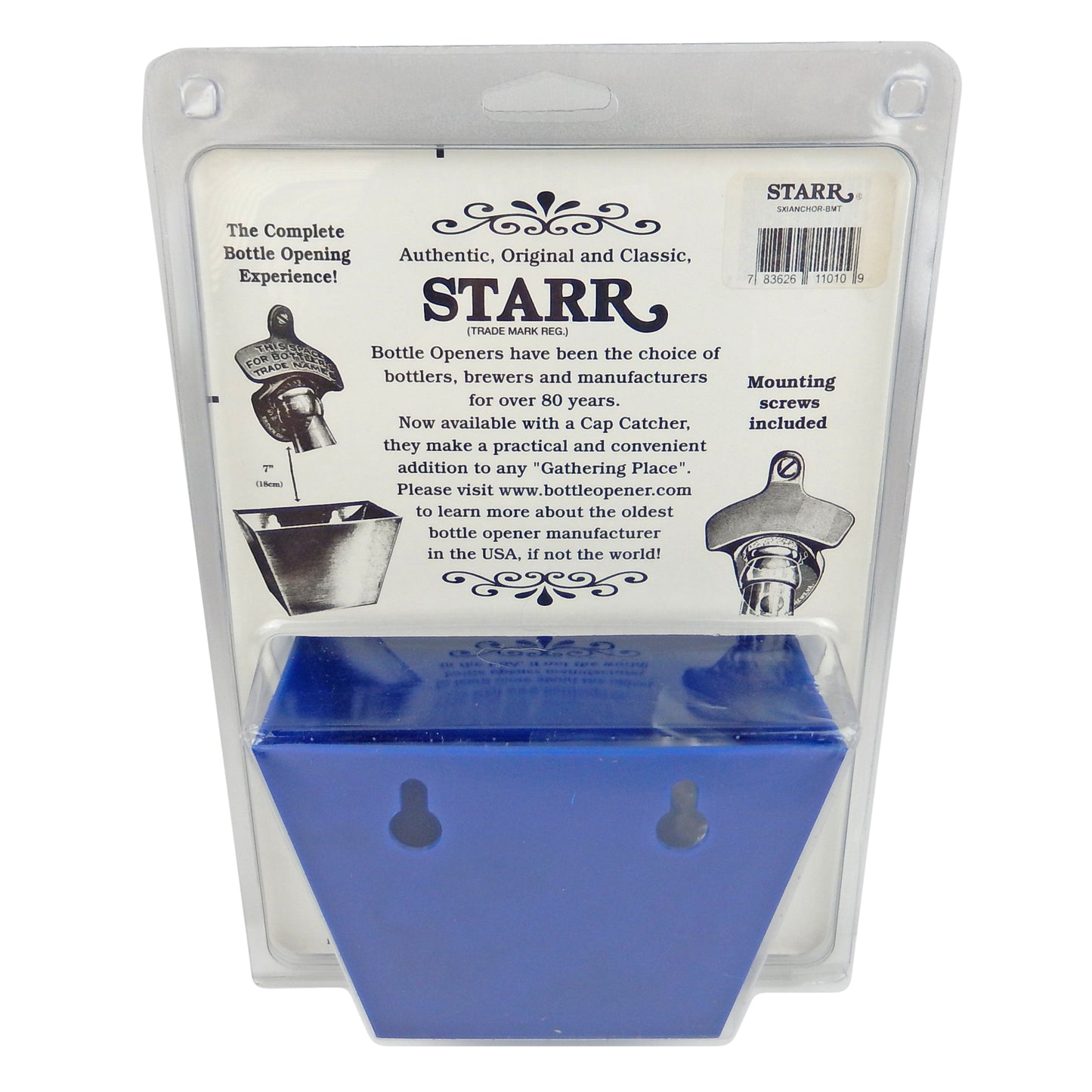 Starr Embossed Blue Anchor Iron Beer Bottle Opener With Plastic Cap Catcher Set
