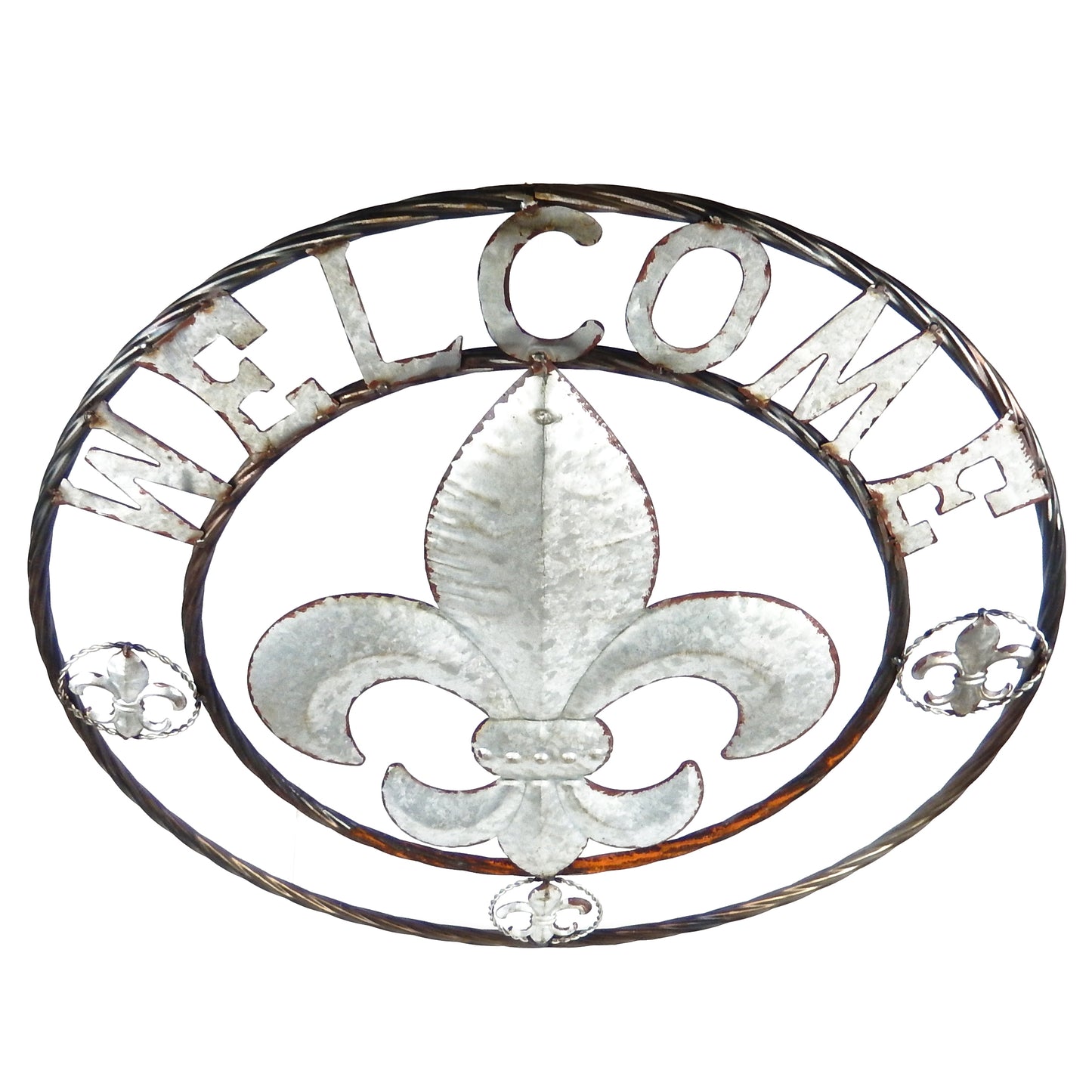 Round Metal Fleur De Lis Welcome Sign Wall Decor Plaque Rusted Silver 24 inch