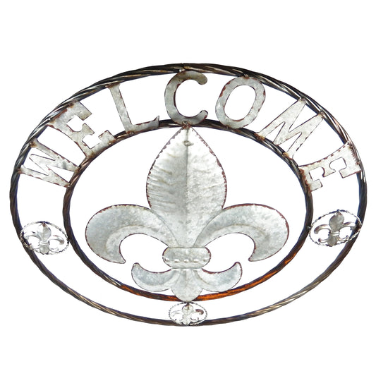 Round Metal Fleur De Lis Welcome Sign Wall Decor Plaque Rusted Silver 24 inch