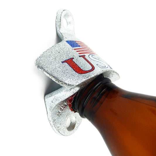Starr Patriotic USA Flag Beer Bottle Opener Wall Mounted Zinc Plated Cast Iron