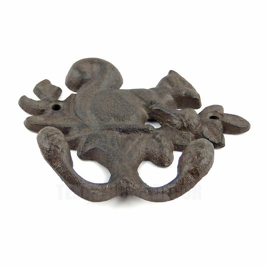 Squirrel Acorn Double Wall Hook Cast Iron Key Coat Towel Hanger Rustic Brown
