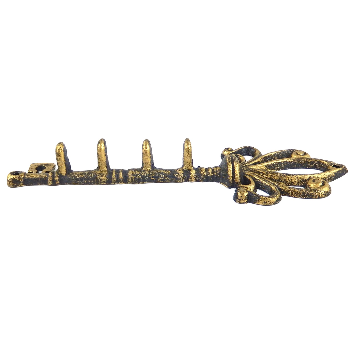 Cast Iron Skeleton Key Hook Rack Coat Towel Hanger Fleur De Lis Rustic Gold