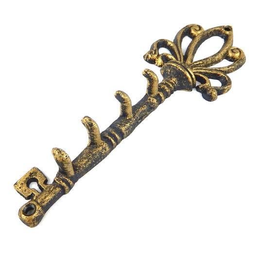 Cast Iron Skeleton Key Hook Rack Coat Towel Hanger Fleur De Lis Rustic Gold