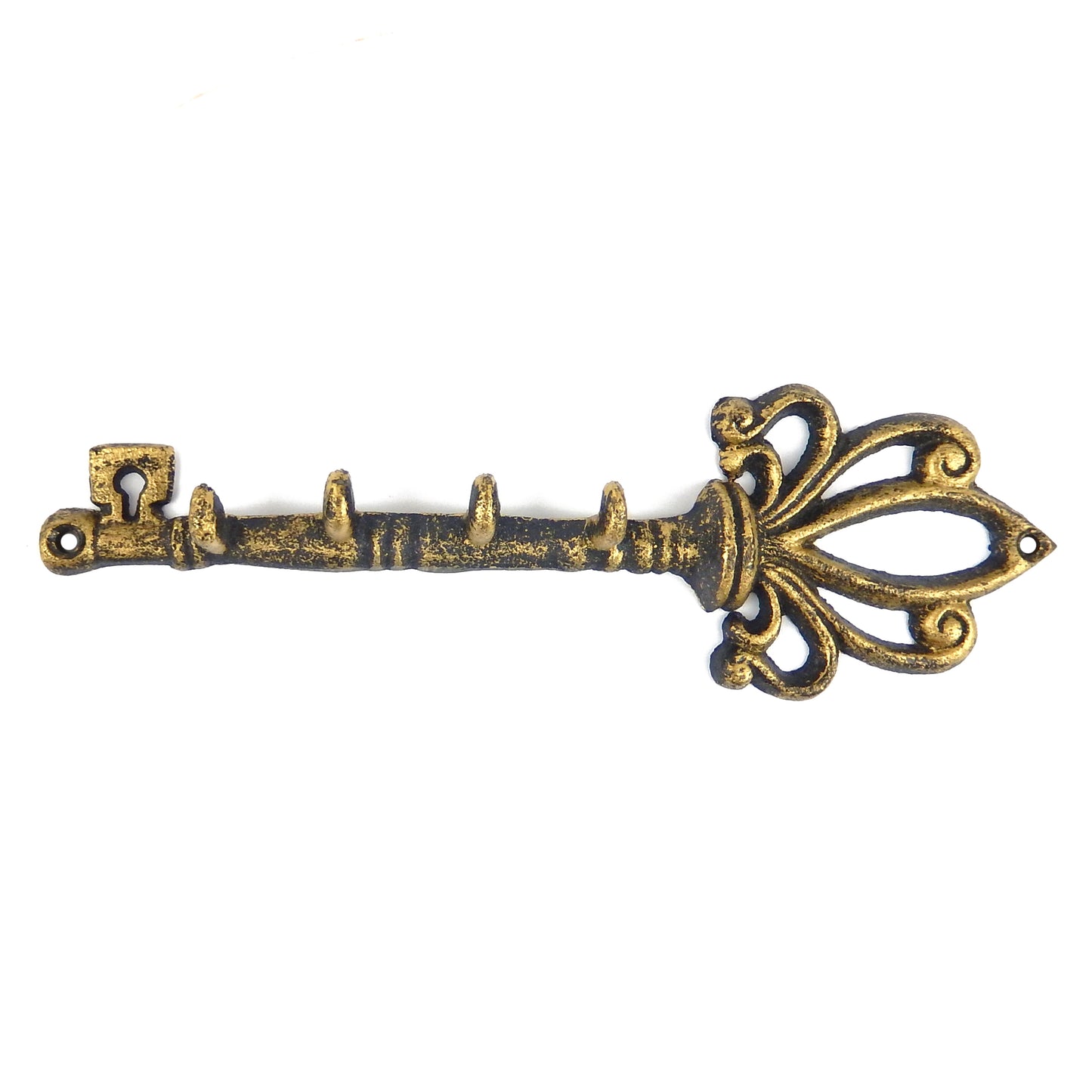 Cast Iron Skeleton Key Hook Rack Coat Towel Hanger Fleur De Lis Rustic Gold