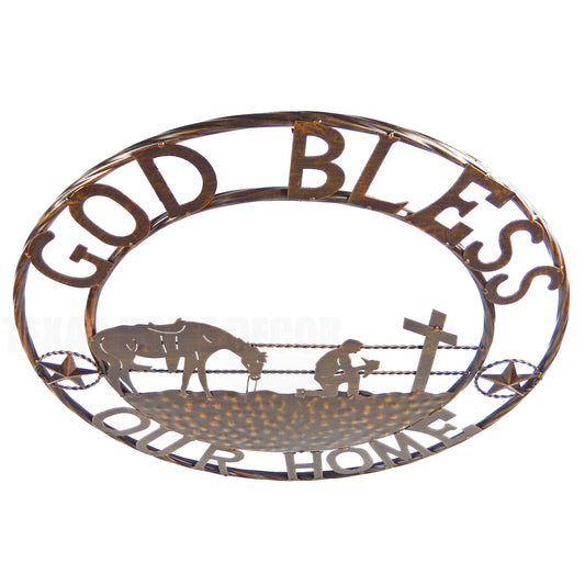 Metal God Bless Our Home Wall Decor Western Cowboy Kneeling With Horse Cross 24 inch